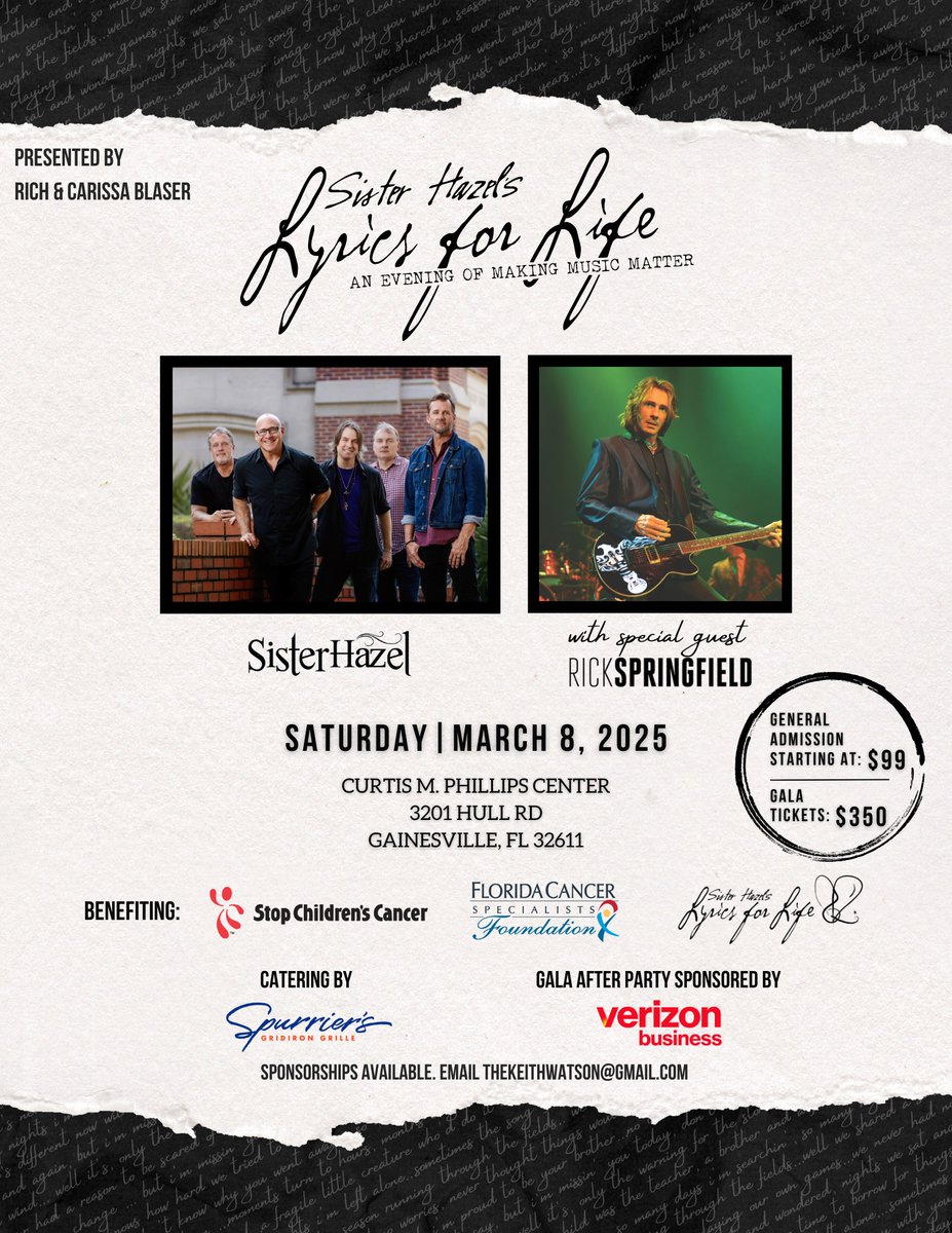 MyGatorPass's tweet image. 🎶 Don't miss '#LyricsForLife: Making Music Matter' benefit concert featuring #SisterHazel &amp;amp; #RickSpringfield!

📅 March 8th
📍 Curtis M. Phillips Center, G-ville
🎟️ bit.ly/L4L2025

Support a great cause while enjoying an unforgettable evening.🐊 

#GoGators #MyGatorPass