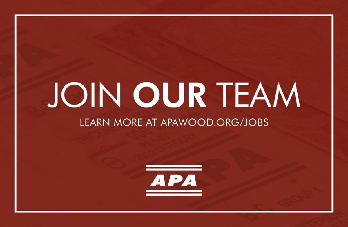 Looking for an exciting new career for the new year? APA is hiring for multiple positions. We have openings for full-time remote and on-site positions ranging from quality services director to engineered wood specialist. Learn more > apawood.ly/c9gS50UMWvQ

#EngineeredWood