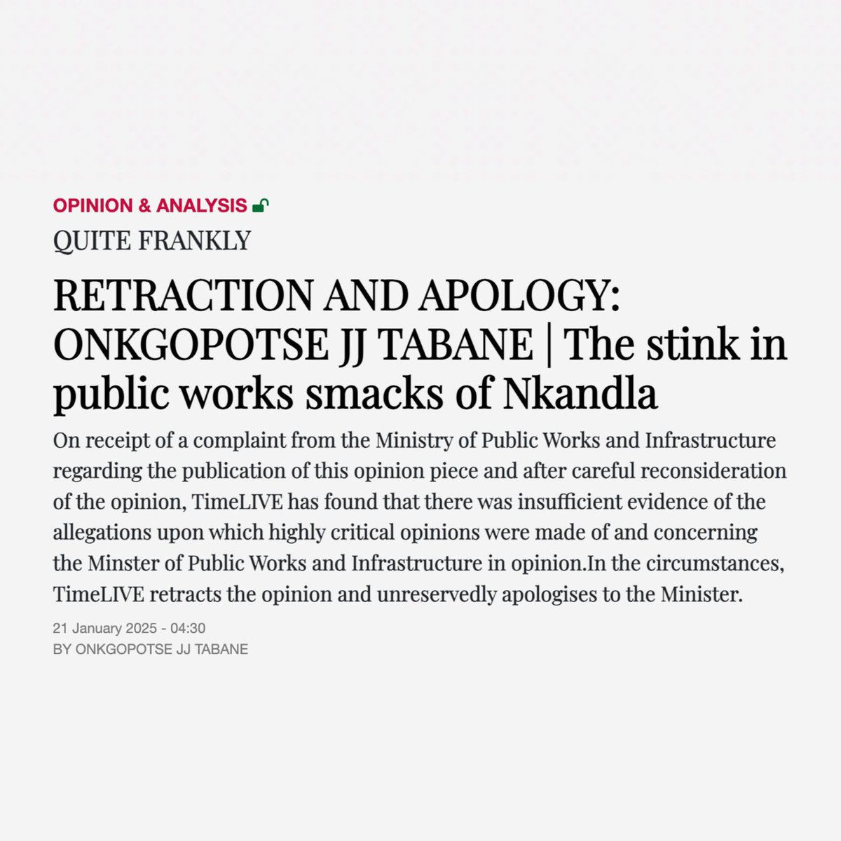 Dean Macpherson MP (@deanmacpherson) on Twitter photo I welcome the correspondence from <a href="/TimesLIVE/">Times LIVE</a> today, in which they unreservedly apologised to me for publishing a defamatory and untruthful opinion piece by <a href="/JJTabane/">Prof JJ Tabane</a> that I bribed a journalist to write negative stories about the IDT. Unfortunately, several political parties fell I welcome the correspondence from <a href="/TimesLIVE/">Times LIVE</a> today, in which they unreservedly apologised to me for publishing a defamatory and untruthful opinion piece by <a href="/JJTabane/">Prof JJ Tabane</a> that I bribed a journalist to write negative stories about the IDT. Unfortunately, several political parties fell