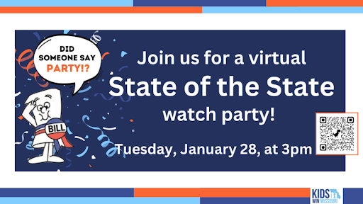 KidsWinMissouri's tweet photo. Join us tomorrow at 3 PM for our second annual State of the State watch party! Register at https://t.co/l8CGNIgkfx

Hope to see you there! https://t.co/JDWotIBdPf