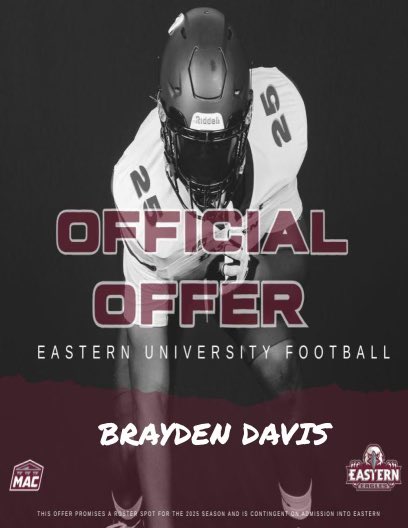 brayden davis (@braydendavis06) on Twitter photo After a great visit, I am blessed to have received my second offer from <a href="/EUEaglesFB/">Eastern University Football</a>
<a href="/CoachNateHinkle/">Nate Hinkle</a> <a href="/Coach_Crock/">Billy Crocker</a> <a href="/CoachBFleming/">Bruce Fleming, M.Ed ๐</a> <a href="/AbingtonFootba1/">Abington Football</a> After a great visit, I am blessed to have received my second offer from <a href="/EUEaglesFB/">Eastern University Football</a>
<a href="/CoachNateHinkle/">Nate Hinkle</a> <a href="/Coach_Crock/">Billy Crocker</a> <a href="/CoachBFleming/">Bruce Fleming, M.Ed ๐</a> <a href="/AbingtonFootba1/">Abington Football</a>