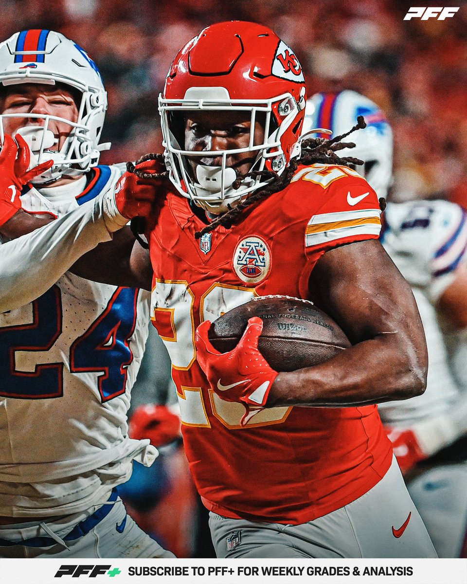 PFF_Fantasy's tweet photo. Most Missed Tackles Forced during Conference Championship Weekend: 

🥇 Kareem Hunt - 7 
🥈 Saquon Barkley - 5
🥉 James Cook - 4 https://t.co/EyP8zRYtK7