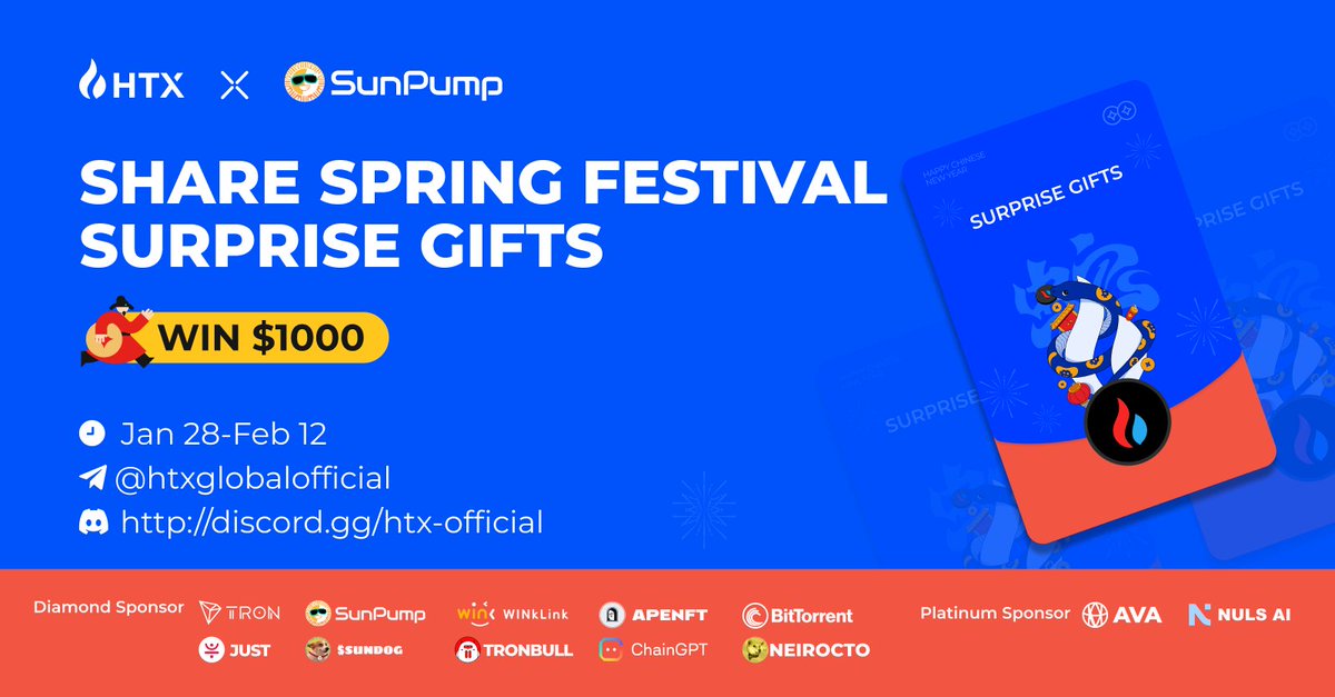HTXCommunity's tweet photo. Power Up this New Year with #HTX x #SunPump!

Enter to Win $1000:
🧧 Follow @trondao @sunpumpmeme @WinkLink_Oracle @apenftorg @BitTorrent @DeFi_JUST @TRXTronBull @SUNDOG_TRX @Chain_GPT @neiro @AVAFoundation @Nuls 
🔥 RT+ tag 3
🎇 Join Telegram & share your spring festival surprise gifts

More details: https://t.co/6EY6OCqkLN