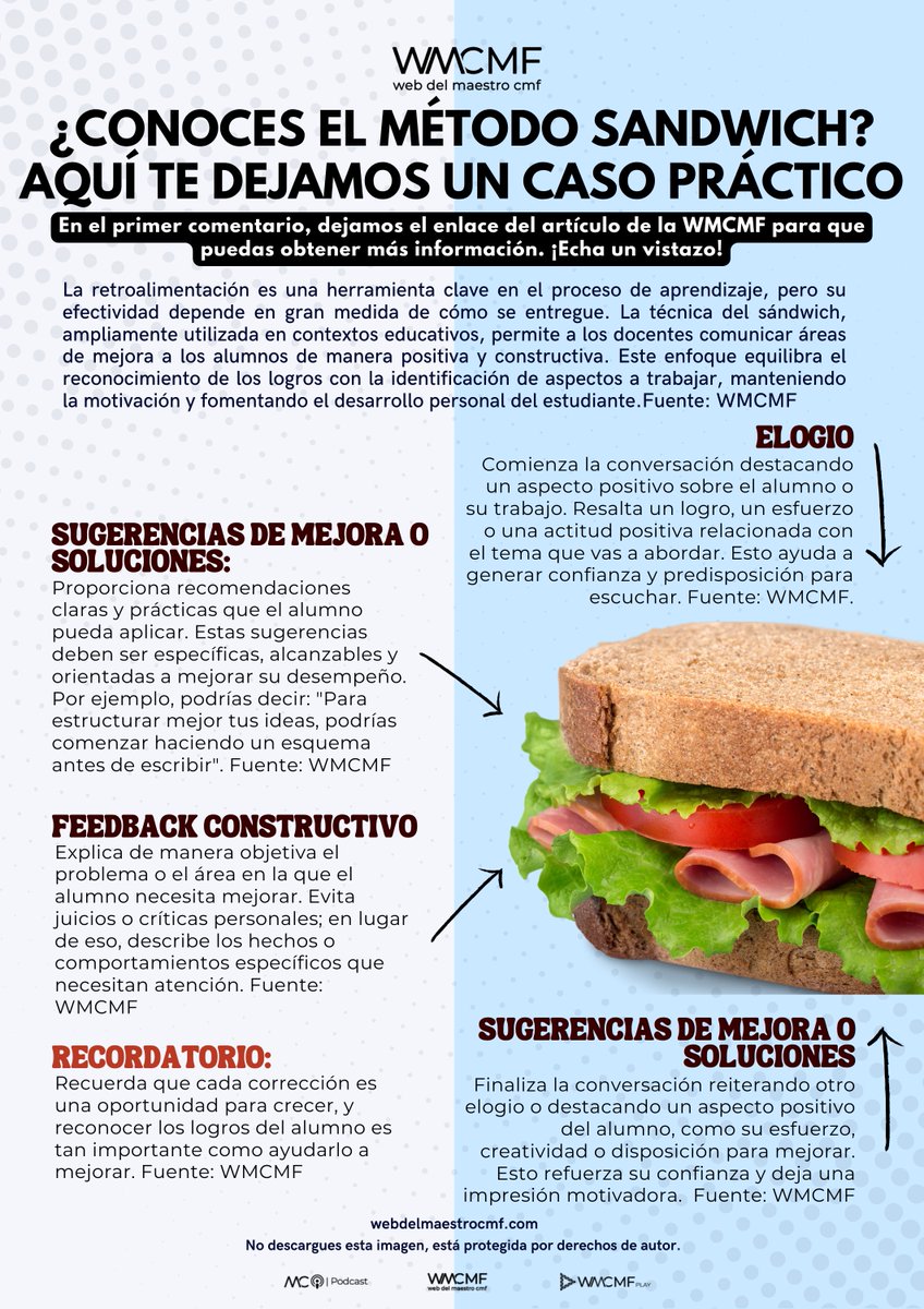 cmf_w's tweet photo. ¿Conoces el #método #sandwich? Aquí te dejamos un caso práctico. Enlace aquí: https://t.co/E3EU4AKJCt

¡Dale un giro positivo a tus retroalimentaciones! 🌟 Aprende a aplicar el método sándwich 🥪, una #estrategia que combina elogios 😊, críticas #constructivas 💡 y soluciones prácticas ✨ para motivar y mejorar el #aprendizaje de tus #alumnos. 👩‍🏫👨‍🏫 ¡Descubre cómo aplicarlo con un caso práctico que transformará tus conversaciones! 🚀📚