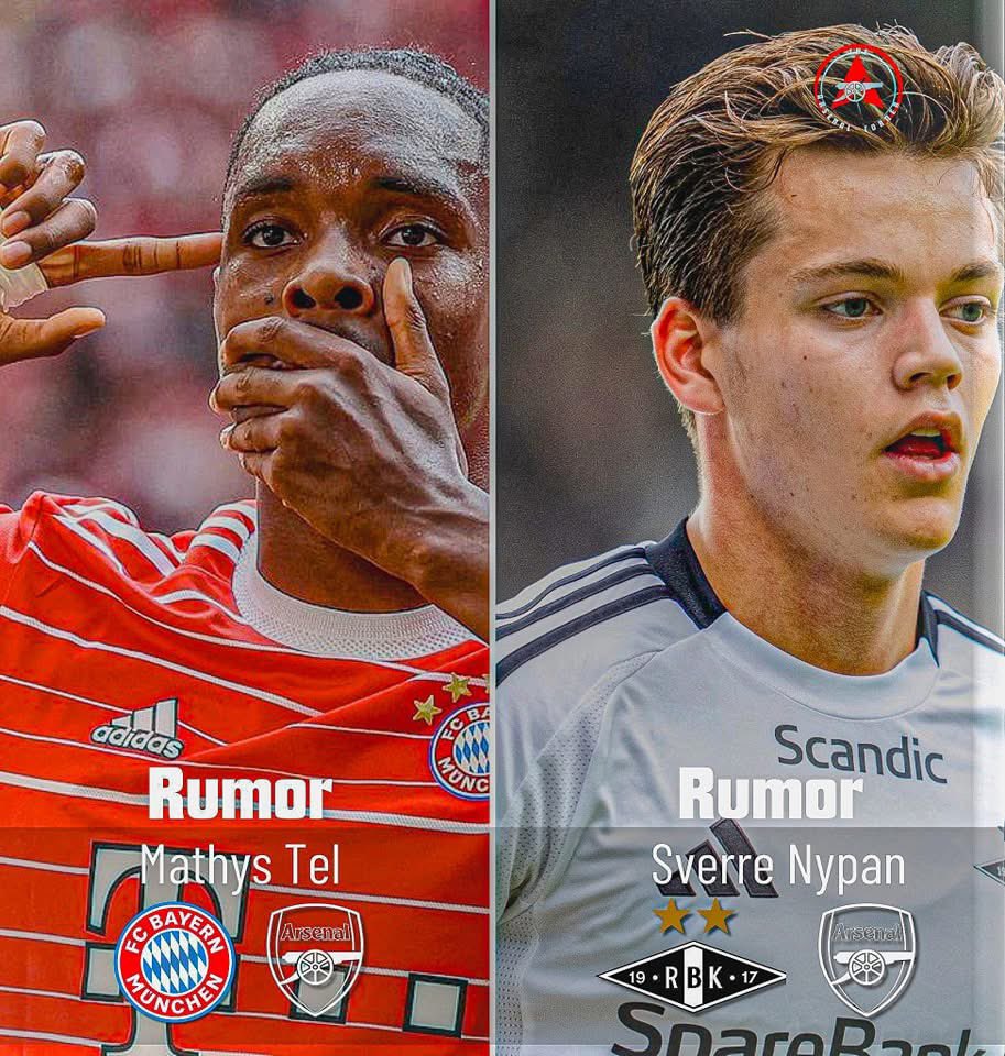 Arsenalcorner__'s tweet image. 📃| Linked with Mathys Tel and Sverre Nypan as incomings with 1 week left in the transfer window. #afc #mathystel #nypan