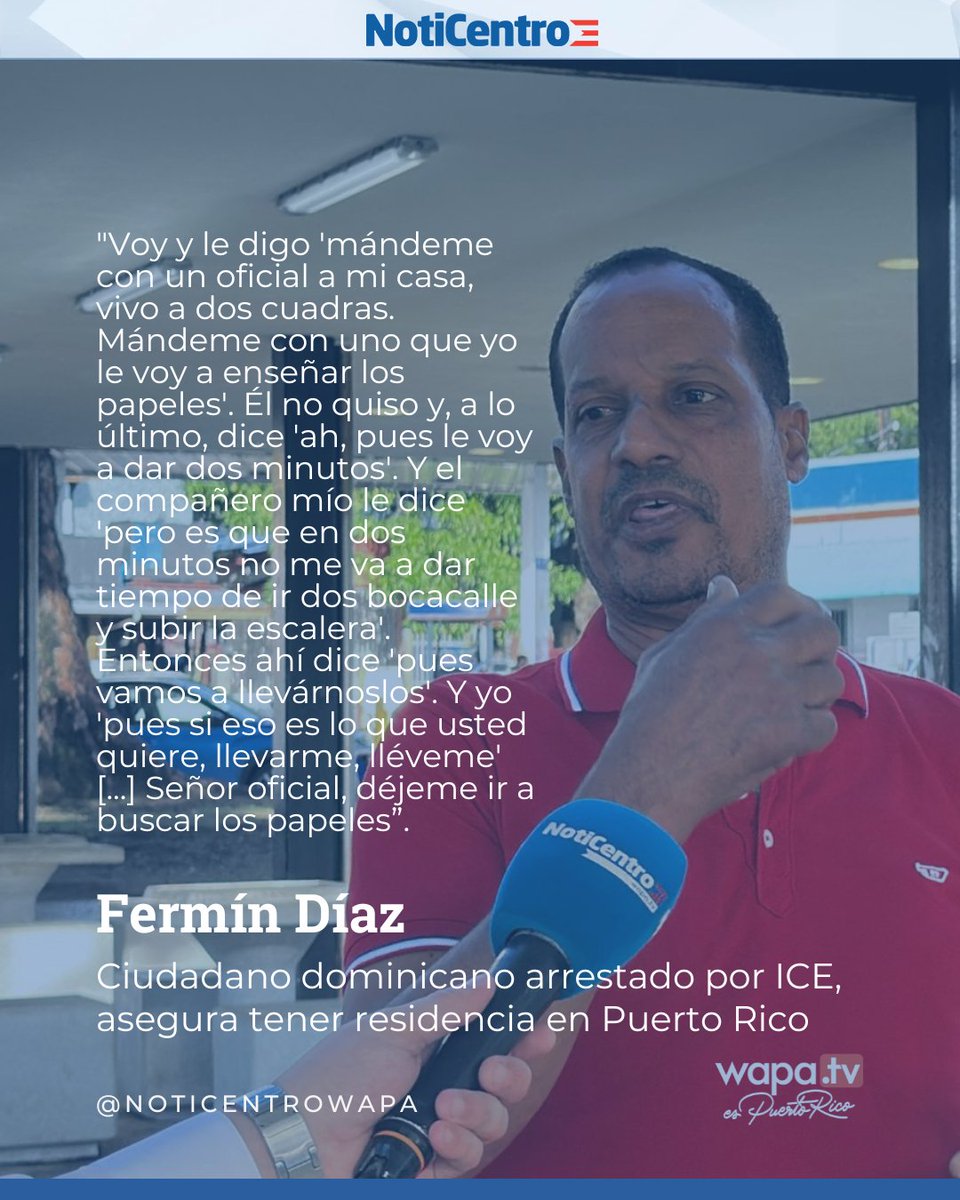 NoticentroWAPA's tweet photo. Uno de los ciudadanos dominicanos que fue arrestado ayer en la zona de Barrio Obrero, en San Juan, refutó la versión que el ICE y HSI ofrecieron sobre que los intervenidos no tenían documentación.

Más detalles de lo que dijo los consiguen entrando aquí: https://t.co/wnyCk41hzs https://t.co/xLlisLUCIt
