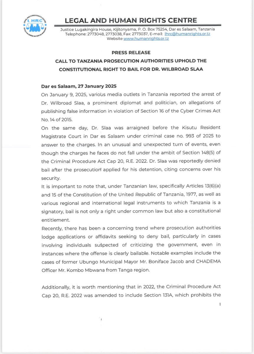 humanrightstz's tweet photo. PRESS RELEASE. 
Call to Tanzania Prosecution Authorities: Uphold the Constitutional Right to Bail for Dr. Wilbroad Slaa. https://t.co/EviZLyi9sM