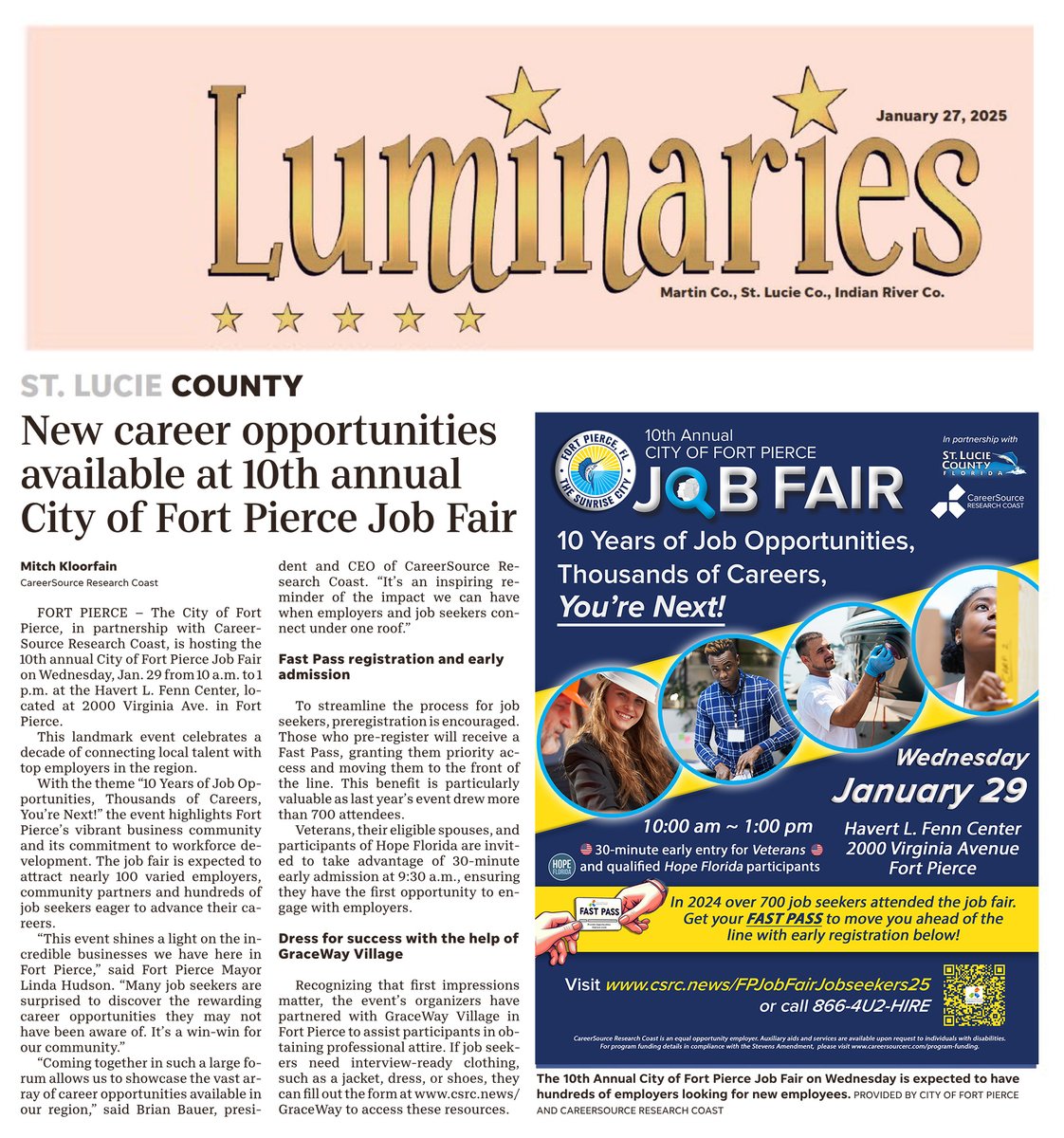 careersourcerc's tweet image. 📢 Exciting News! 📢

Check out today's TC Palm for an article on the **10th Annual City of Fort Pierce Job Fair** this Wednesday, Jan. 29! 🗞️✨

Don't miss out on new career opportunities! 🌟 #JobFair #FortPierce #TCPalm #WorkLocal