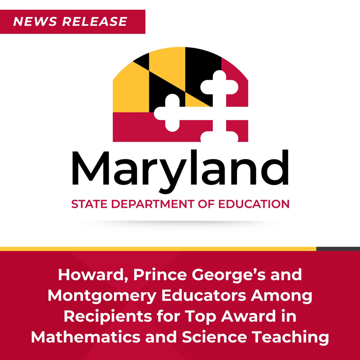 News Release: Congratulations to four outstanding educators from <a href="/HCPSS/">HCPSS</a>, <a href="/pgcps/">PGCPS</a> &amp; <a href="/MCPS/">MCPS</a> on receiving the Presidential Award for Excellence in Mathematics and Science Teaching. What an incredible honor!

Learn more: bit.ly/4g85RgF