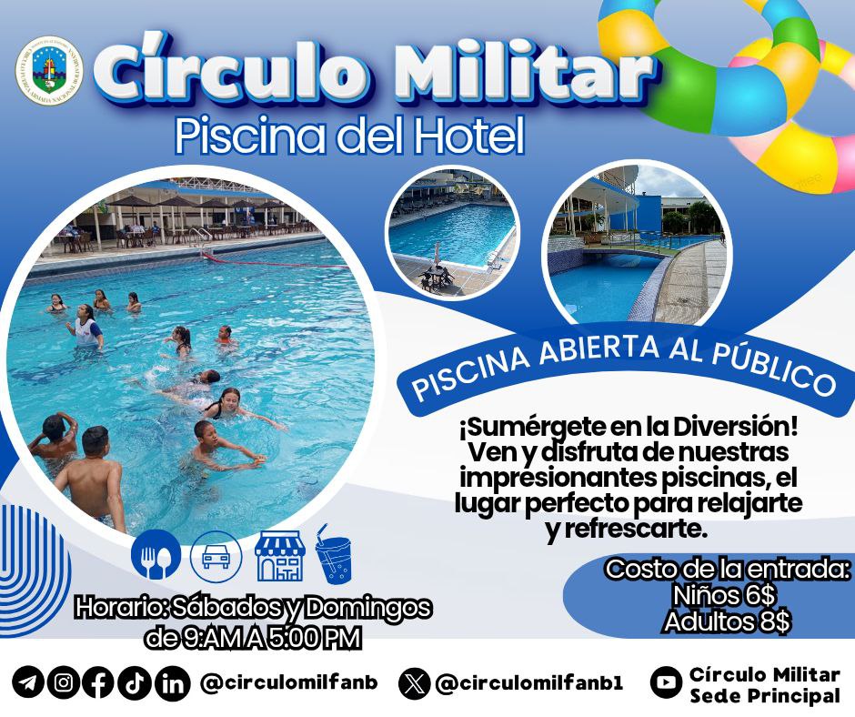 ☀️¡Sumérgete en la Diversión!
Ven y disfruta de nuestras impresionantes piscinas, el lugar perfecto para relajarte y refrescarte.

Si no eres socio 💸 Entrada: niños 6$ y adultos 8$

➡️ Horario de la Piscina del hotel: sábados y domingos 9:00 am a 5:00 pm.