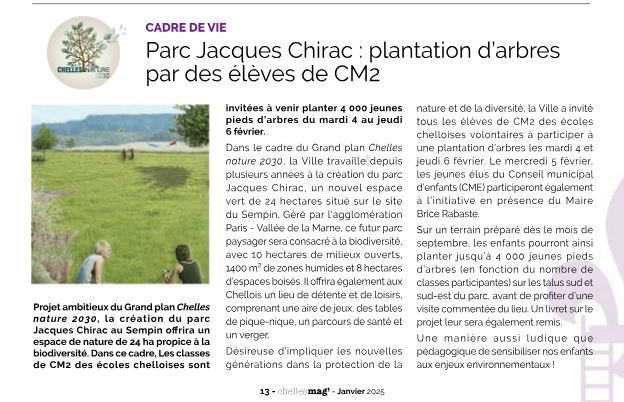 [3/3]
🌱 #Plantations à Chelles : un événement éducatif et collectif !  4 au 6 février, les élèves de CM2 de toute la commune participent à un projet de plantation en partenariat <a href="/VilleChelles/">Ville de Chelles</a> <a href="/SAFER_IDF/">Safer de l'Ile-de-France</a> et ECT. Une belle initiative pour sensibiliser à la #biodiversité !