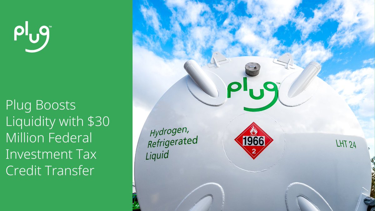 PlugPowerInc's tweet photo. Plug boosted liquidity by $30M via the Federal Investment Tax Credit, marking our first use of the IRA's transferability rules. This sets the stage for future opportunities as we continue to build our green hydrogen ecosystem. Learn more: https://t.co/JChgWcdZ2U #PlugPower #GreenHydrogen #CleanEnergy