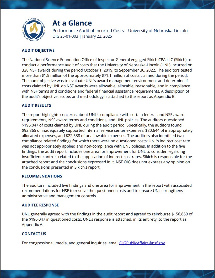 New Report: "Performance Audit of Incurred Costs – University of Nebraska-Lincoln. OIG Report No. 25-01-003, issued January 22, 2025" (oig.nsf.gov/sites/default/……)