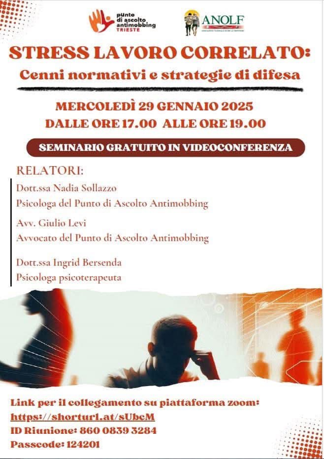 AnolfNazionale's tweet photo. 🌟 Seminario sullo STRESS LAVORO CORRELATO 🌟
Sportello Antimobbing di Trieste, gestito dall’Anolf Regionale FVG finanziato dalla Regione FVG in collaborazione con il Comune di Trieste.
#StressLavoroCorrelato #AnolfFVG #ComuneDiTrieste #BenessereSulLavoro #SeminarioGratuito https://t.co/K0weqYBQwu