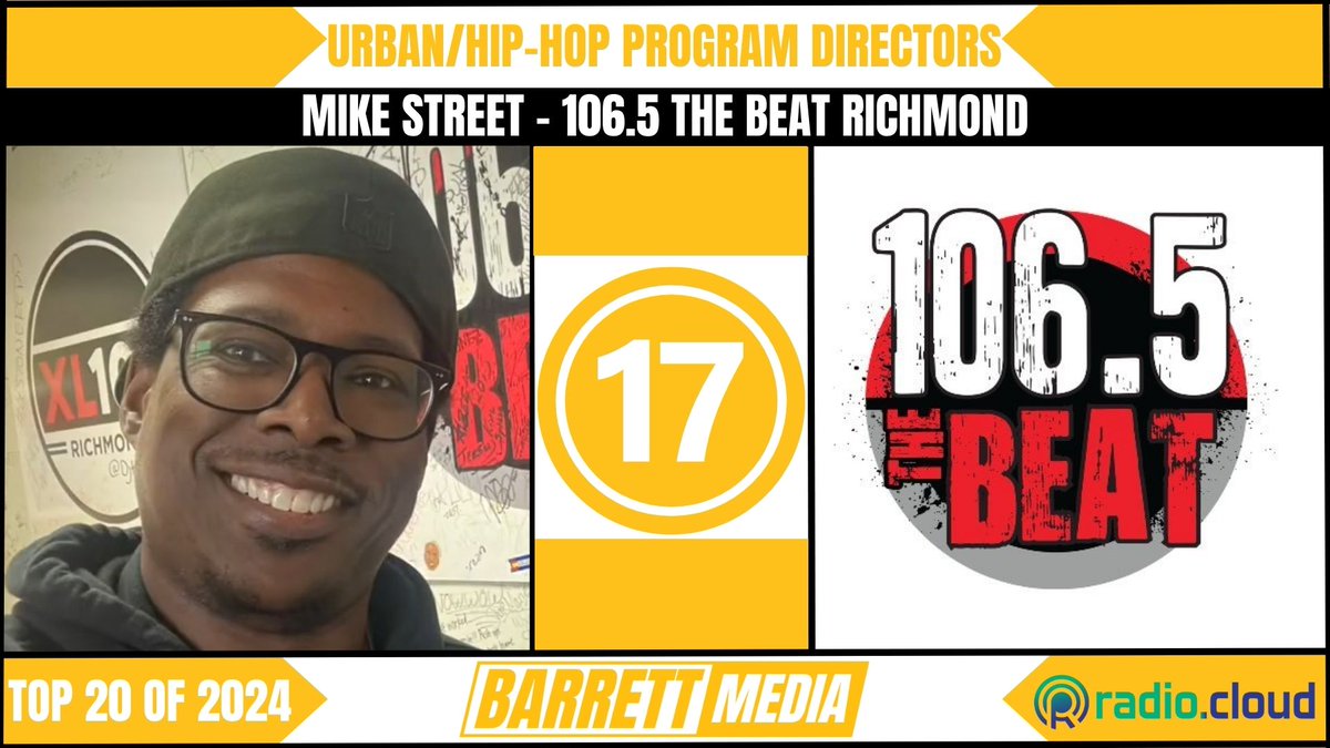Spots #14-#17 on Barrett Media's Top 20 of 2024 Urban/Hip Hop radio program directors list presented by <a href="/RadioCloud_/">Radio.Cloud</a> belonged to George Cook of <a href="/K104FM/">K104</a> Loui Vee of <a href="/theBeatATL/">96.1 The Beat</a> <a href="/IAmOrlando/">IAmOrlando</a> and <a href="/MikeStreetShow/">Mike Street</a>. Full results below.

barrettmedia.com/2025/01/27/bar…