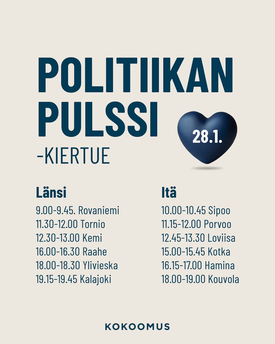 Politiikan pulssi -kiertue starttaa huomenna! ⏰

Kokoomuksen eduskunta ryhmä kulkee kahta reittiä, joista toinen kiertää Itä- ja toinen Länsi-Suomea.

Tervetuloa mukaan puhumaan juuri sinulle tärkeistä asioista! Testaa samalla, olisiko sinusta ainesta kokoomuksen ehdokkaaksi. 💙
