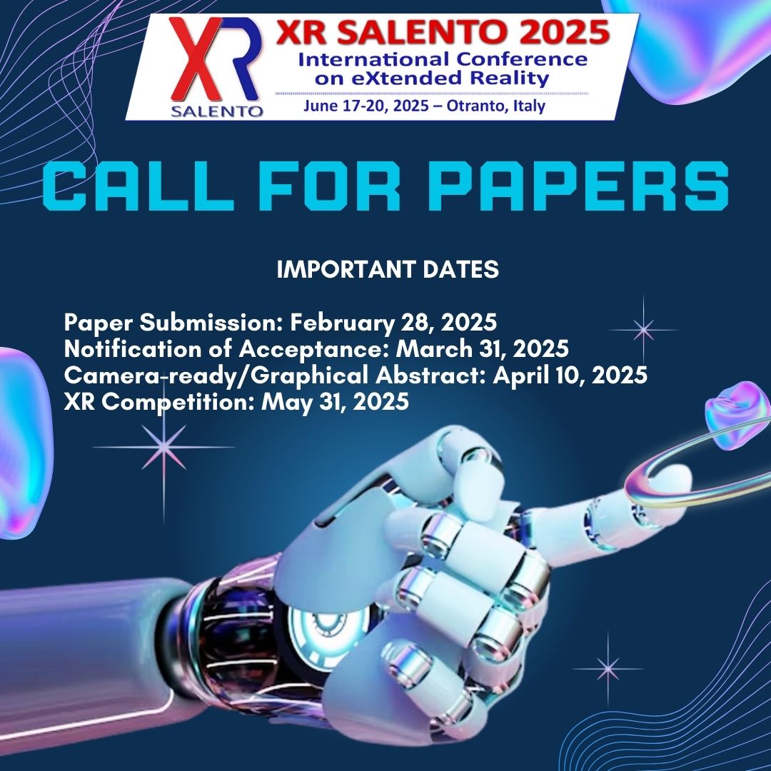 XRSalento's tweet photo. #XRSalento2025
https://t.co/UUXbQN7gQS
#savethedate 📷

#AugmentedReality #VirtualReality #MixedReality #ExtendedReality #ArtificialIntelligence #DigitalTwins https://t.co/eJ1VtAFCM1