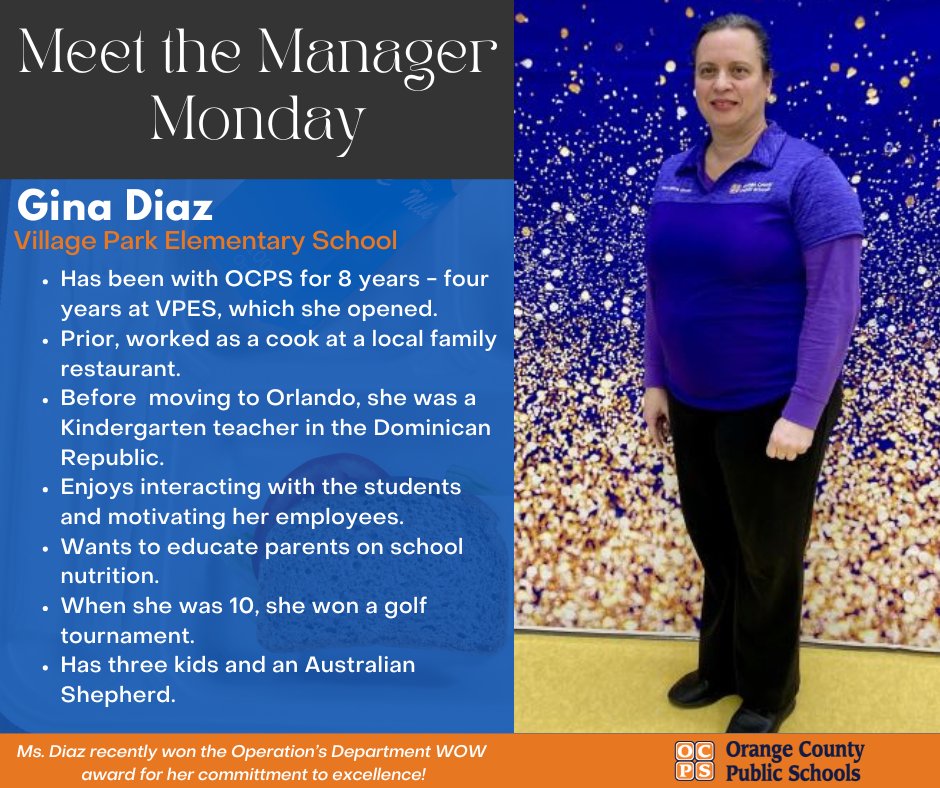 Meet Ms. Diaz, Kitchen Manager at @dragonsocps and recent winner of the Operation's Department WOW award for her commitment to excellence. #meetthemanagermonday #WOWwinner #lunchhero