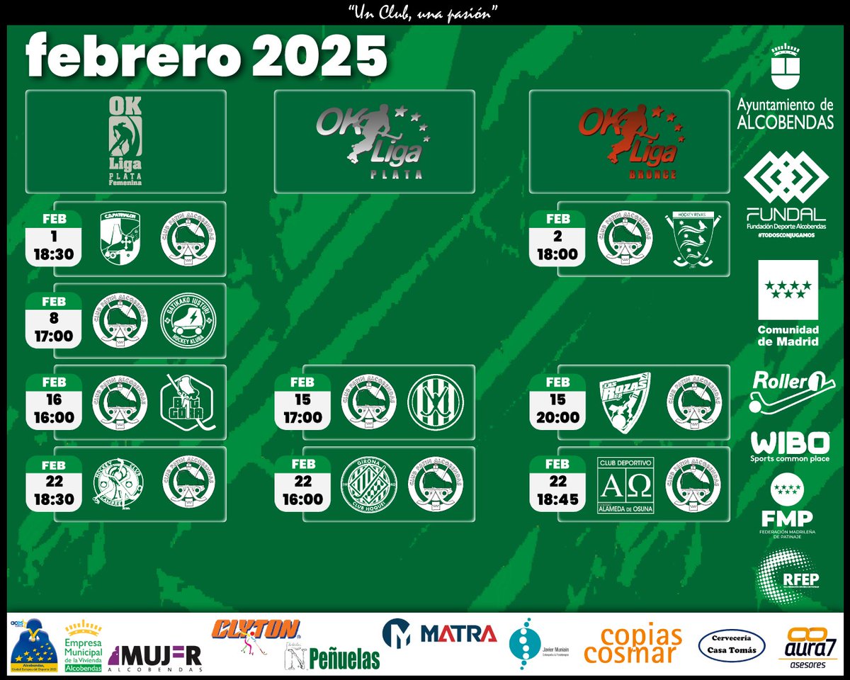 ClubPAlcobendas's tweet photo. Guarda el calendario y no te pierdas ninguno de nuestros  partidos. Vamos Alcobendas 💪!!
@ClubPAlcobendas 
#ForzAlco #AlcobendasEsDeporte #TodosConjugamos #GananLosValores #ciudadeuropeadeldeporte2025   @Fundalcobendas  @FMPatinaje  @FedPatinaje https://t.co/DXqCU6Pi3j