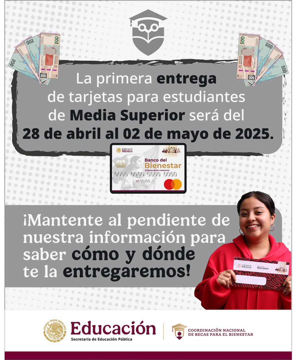 soyluisgabriel1's tweet photo. ⚠️ Atención, jóvenes ⚠️📢

🔸El primer depósito de la Beca Benito Juárez se realizará el 4 de febrero de 2025.

🔸 La entrega de tarjetas será del 28 de abril y el 2 de mayo.

🔸 El registro para nuevos beneficiarios del 5 al 28 de febrero. 

🔸 El apoyo es de 1900 pesos bimestrales. #Puebla