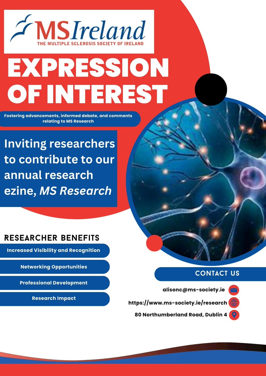 MS Ireland (@msireland) on Twitter photo 📣Final Call for MS Researchers
Share your work in our annual MS Research e-zine!
Why participate?
- More recognition for your work
- Meet other researchers
- Grow your skills
- Make a bigger impact with your research
Interested? contact Alison at alisonc@ms-society.ie 📣Final Call for MS Researchers
Share your work in our annual MS Research e-zine!
Why participate?
- More recognition for your work
- Meet other researchers
- Grow your skills
- Make a bigger impact with your research
Interested? contact Alison at alisonc@ms-society.ie