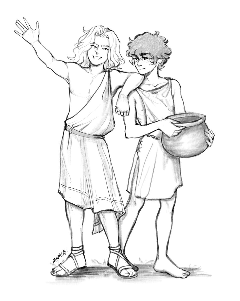 ManicPX's tweet photo. The boys as Achilles and Patroclus, a request from the Q&amp;A! A lot of people were pleased by this haha 

#peanutsoupcomic #peanutsoupwebtoon #webtooncanvas #tapasmedia #thesongofachilles https://t.co/HHNEBkklKA