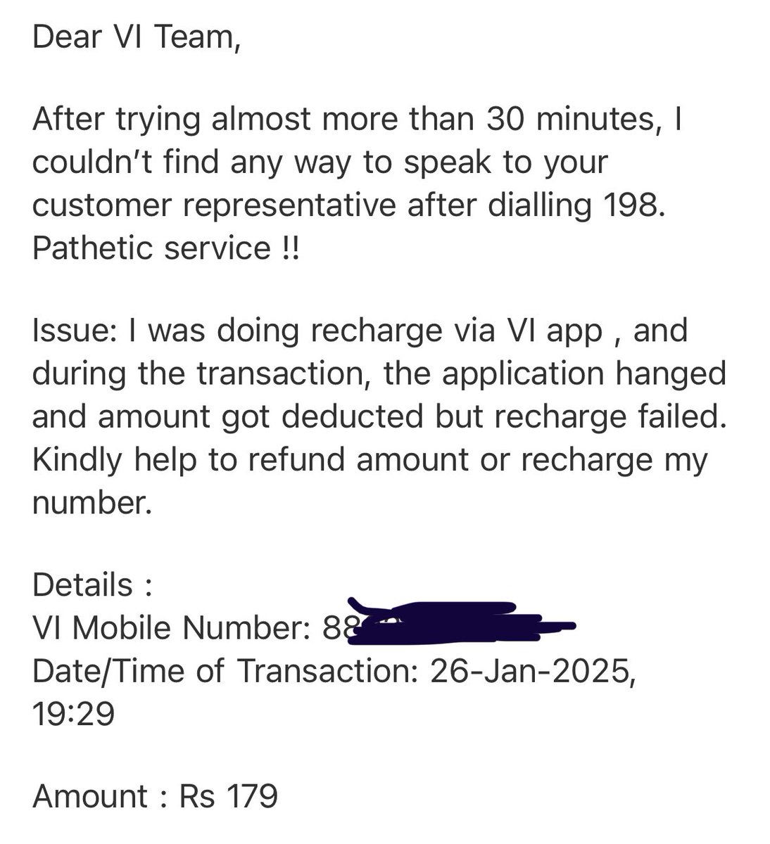 fogatnitin's tweet photo. @ViCustomerCare I was doing recharge via VI app , and during the transaction, the application hanged and amount got deducted but recharge failed. 
Kindly help to refund amount or recharge my number. https://t.co/ZiTM8BXmqL