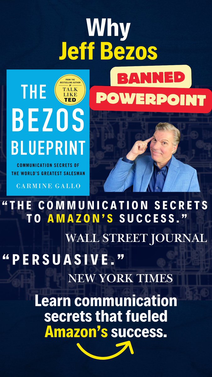 When I learned that Jeff Bezos banned PowerPoint at Amazon meetings, I knew he had to be the subject of my next book. Like I wrote about Steve Jobs, Bezos reimagined the way leaders communicate their ideas. #JeffBezos 
tinyurl.com/mwk4t2h8
