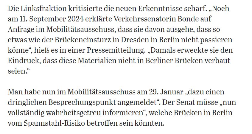 Jetzt tauchen plötzlich noch mehr Fälle von Brücken in #Berlin auf, bei denen der gleich Stahl wie an der eingestürzten Dresdner Carolabrücke verwendet worden ist. Es muss jetzt schleunigst absolute Transparenz durch den Senat hergestellt werden. #AGH  
tagesspiegel.de/berlin/noch-me…