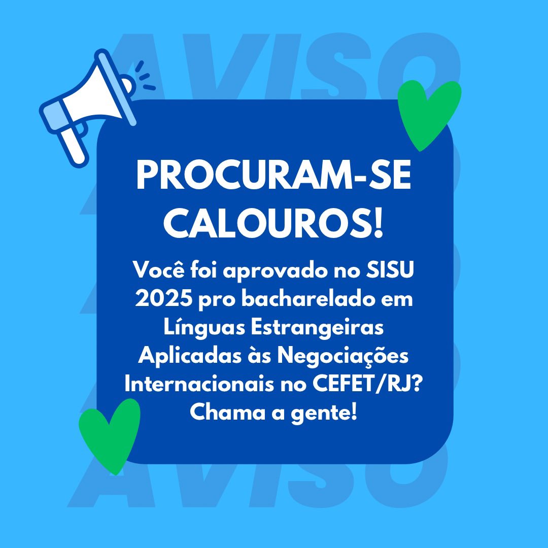 🌐 PROCURAM-SE CALOUROS! ✈️

Você é ou conhece alguém que foi aprovado no bacharelado em Línguas Estrangeiras Aplicadas às Negociações Internacionais do Cefet/RJ? Entra em contato com a gente! Parabéns aos aprovados! ❤️🇧🇷🇺🇸🇪🇸🇫🇷

leani | cefet rj | sisu #sisu2025 #sisu