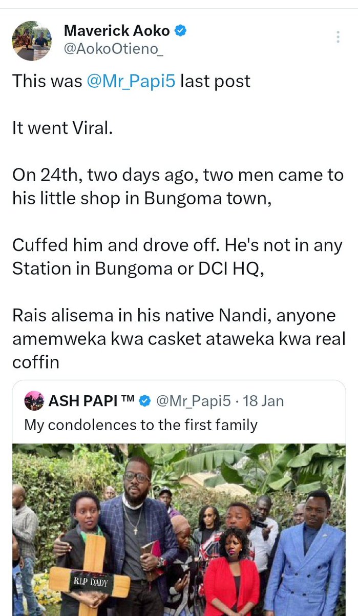 AokoOtieno_'s tweet photo. It was my tweet that made the police produce him in Court 

He was arrested on 24th, leo is 27th

Held 3 days over misdemeanor? 

They were going to kill him and say "drowned" or "accident"

Some Fagg*ts were doubting my tweet, ati he was active a day ago 

They had his PHONE! https://t.co/8YqHBEjxpk