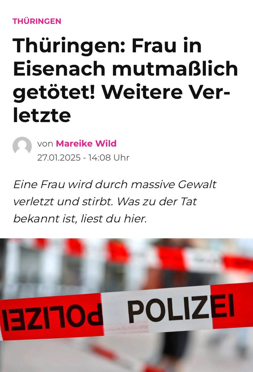 Der 3. Femizid in diesem Januar!
Deutscher tötet Deutsche und verletzt eine weitere schwer.
Eigenet sich aber nicht für den Wahlkampf, ne?
Im Dezember lehnte die <a href="/CDU/">CDU Deutschlands</a> das Gewalthilfegesetz ab!