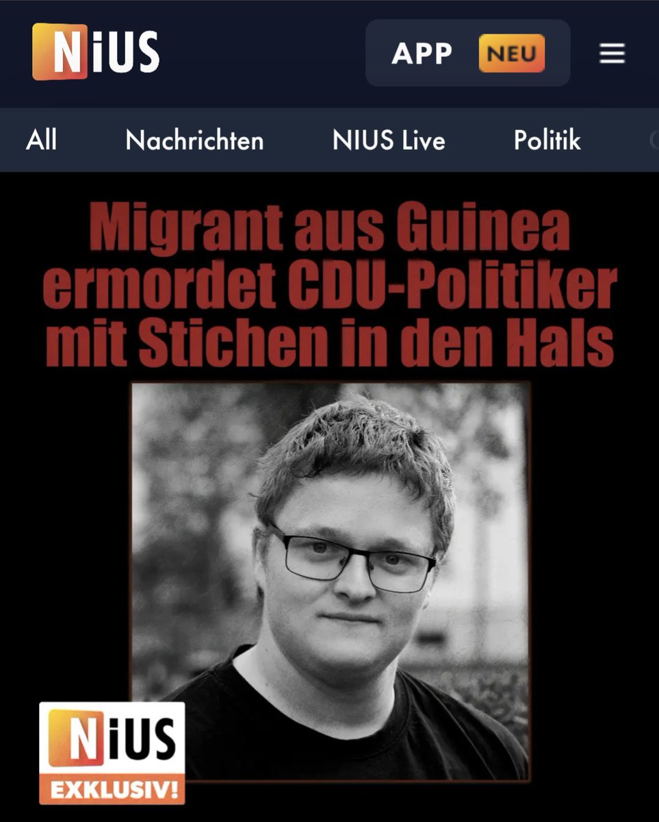 jreichelt's tweet photo. BREAKING NIUS: Ein CDU-Nachwuchspolitiker wurde in Beelitz von einem Asylbewerber aus Guinea mit mehreren Stichen in den Hals getötet. https://t.co/gHz30vLYQd https://t.co/gO3wA96pGH