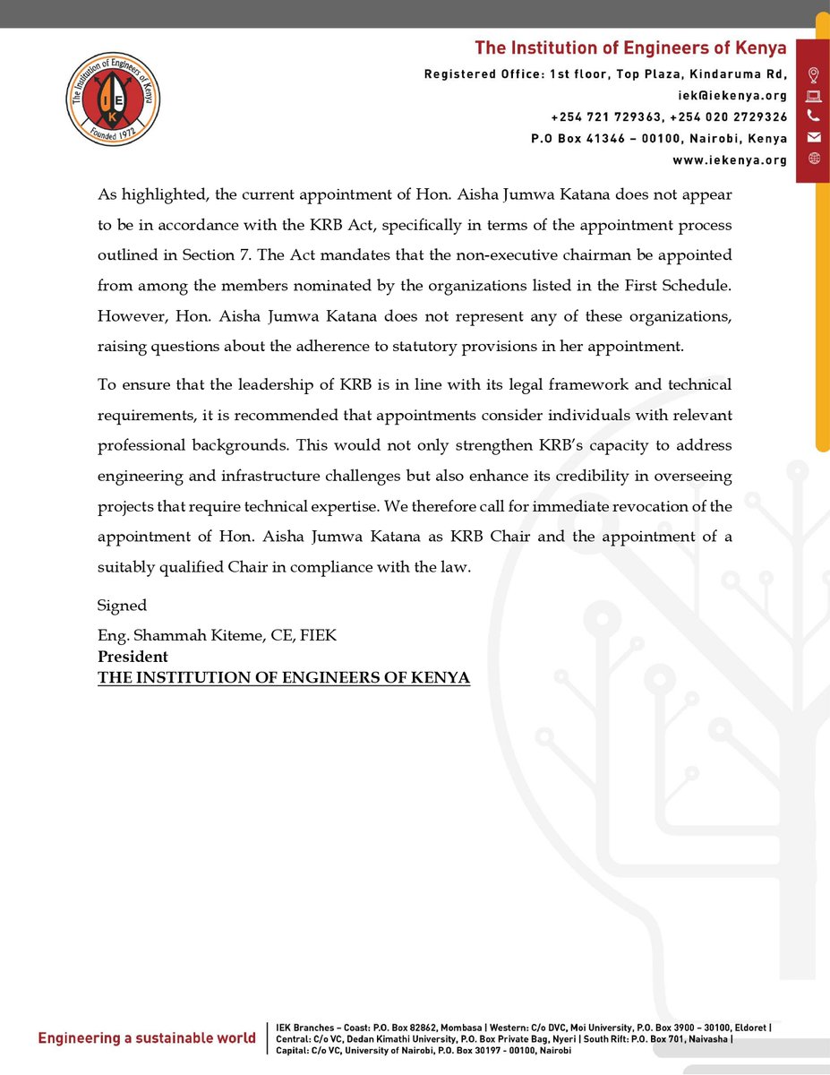 Constafrica's tweet photo. THE INSTITUTION OF ENGINEERS OF KENYA (IEK) STATEMENT ON THE APPOINTMENT OF THE KENYA ROADS BOARD (KRB) CHAIRPERSON.   

READ THE FULL STATEMENT HERE: https://t.co/vFLK0LjtyW