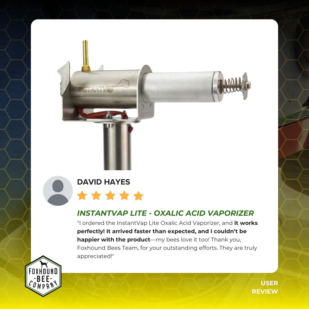 FoxhoundBeeCo's tweet image. Thank you, David Hayes, for your great review! We're thrilled the InstantVap Lite Oxalic Acid Vaporizer exceeded your expectations. 🐝💛

See the difference for your bees: bit.ly/4fNI1Xl

#FoxhoundBeeCo #BeeCustomerReview #BeekeepingTools #BeeKeepingEssentials