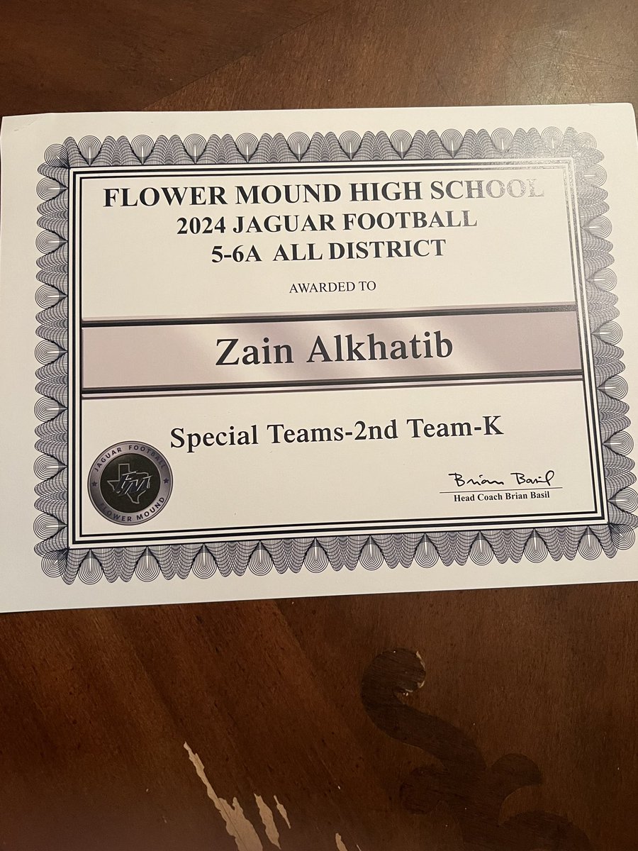 Zain alkhatib (@zain_alkhatib16) on Twitter photo I am so grateful to be named special team player of the year and 2nd team all district kicker. I got these awards by going:
3/3 Fg (43,38,28) (100%)
19/20 PAT (1 blocked)
51.7 yards avg kickoff
3.52 avg hang
6 games of Varsity played
<a href="/bbasil01/">Brian Basil</a> <a href="/OberkromKicking/">Jaden Oberkrom</a> <a href="/CoachJShibest/">James Shibest</a> I am so grateful to be named special team player of the year and 2nd team all district kicker. I got these awards by going:
3/3 Fg (43,38,28) (100%)
19/20 PAT (1 blocked)
51.7 yards avg kickoff
3.52 avg hang
6 games of Varsity played
<a href="/bbasil01/">Brian Basil</a> <a href="/OberkromKicking/">Jaden Oberkrom</a> <a href="/CoachJShibest/">James Shibest</a>