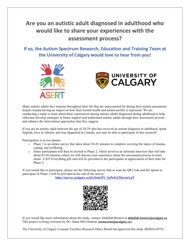 Autism_SASS's tweet photo. Here is an opportunity to participate in research. ASERT is conducting research to learn about first-time diagnostic experiences of autistic adults in relation to whether or not trauma was part of the assessment. If want to participate, please visit
https://t.co/scENWoqZBE https://t.co/zq9a8MiY8B
