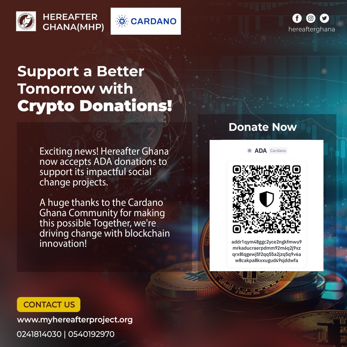 Cardanoghana's tweet photo. Exciting news! @Hereafter_Ghana now accepts ADA donations to support its impactful social change projects. A huge thanks to the #CardanoGhana Community for making this possible. Together, we're driving change with #Cardano blockchain! ๐๐ #Cardano #ADA #BlockchainForGood. https://t.co/aedxPys9Vf