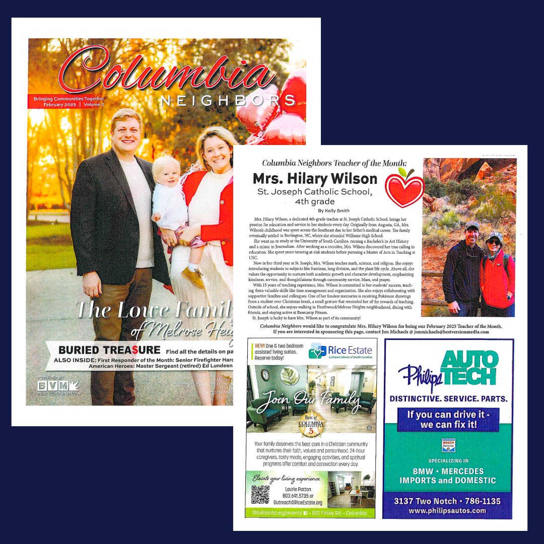 StJoesCola's tweet photo. 📣 Check it out! 📖 Did you spot us in Columbia Neighbors Magazine? 

Our amazing 4th-grade teacher, Hilary Wilson, was featured as Teacher of the Month! 🌟 We're so proud to have her in our community! 💛👏 https://t.co/Ahbjuh48On