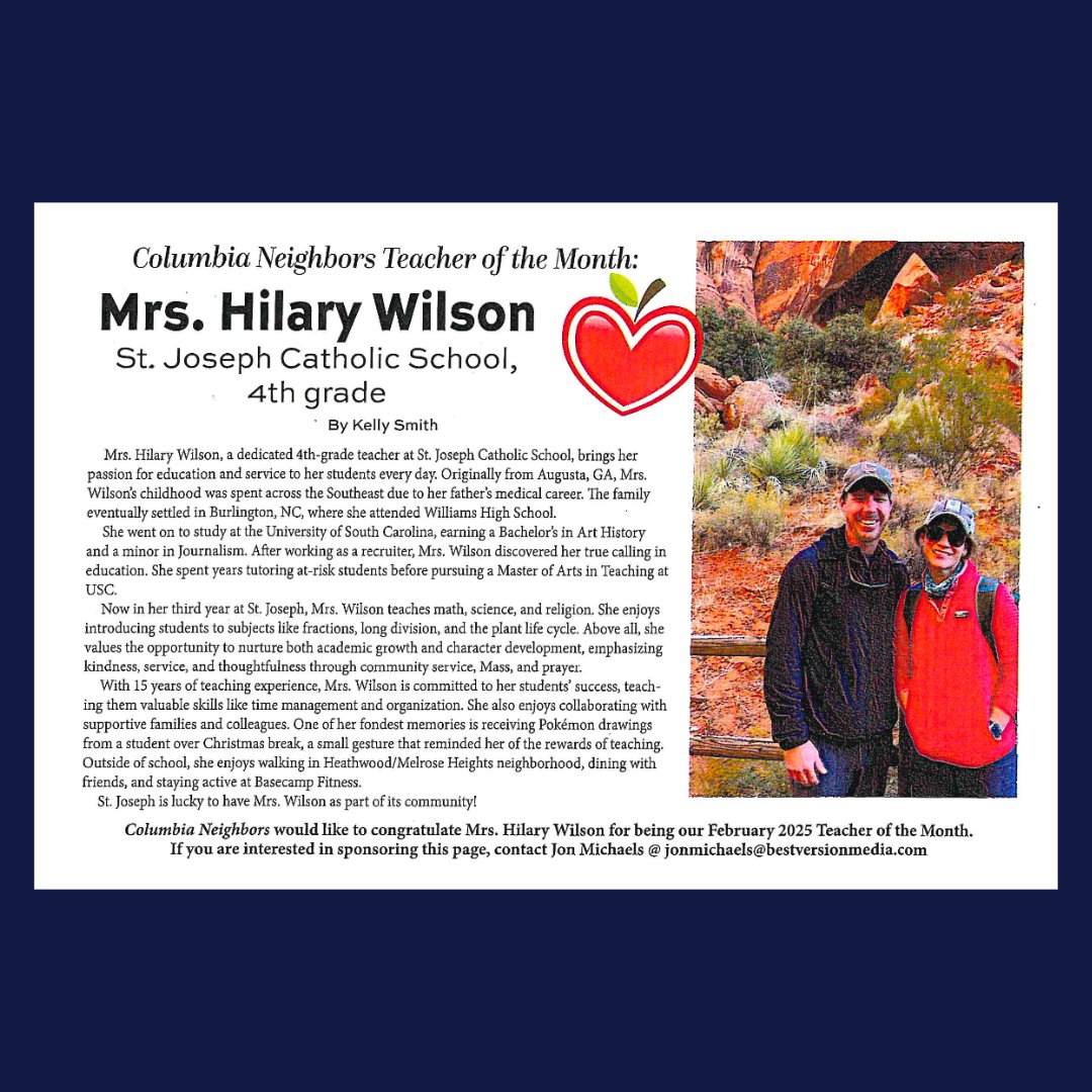 StJoesCola's tweet photo. 📣 Check it out! 📖 Did you spot us in Columbia Neighbors Magazine? 

Our amazing 4th-grade teacher, Hilary Wilson, was featured as Teacher of the Month! 🌟 We're so proud to have her in our community! 💛👏 https://t.co/Ahbjuh48On
