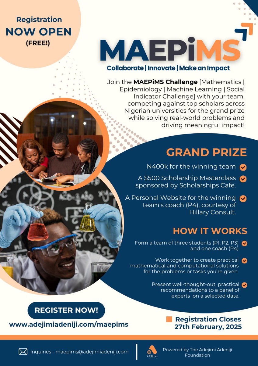 Scholarships Cafe (@scholarshipscaf) on Twitter photo CALL FOR APPLICATIONS 📢📢📢
Application is open for the MAEPiMS Competition Challenge in Mathematics & Data.
Value: $500
<a href="/adejimiadeniji/">Adeniji Adejimi, Ph.D</a>
<a href="/blackinmaths/">Black In Mathematics Association (BMA)</a>
scholarshipscafe.com/position-detai… CALL FOR APPLICATIONS 📢📢📢
Application is open for the MAEPiMS Competition Challenge in Mathematics & Data.
Value: $500
<a href="/adejimiadeniji/">Adeniji Adejimi, Ph.D</a>
<a href="/blackinmaths/">Black In Mathematics Association (BMA)</a>
scholarshipscafe.com/position-detai…