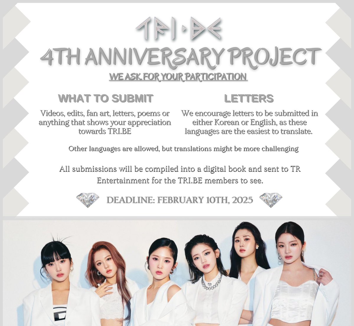 truedaloca's tweet photo. TRI•BE 4th Anniversary Project details 🤍

Submissions here: https://t.co/OrROPPOxNo

#4DiamondYears
#TRI_BE #트라이비 @tribedaloca https://t.co/mmKnsprplp