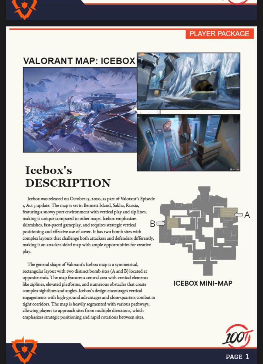 TrickVAL's tweet photo. This guy made a 100 page report on 100T for the coaching application & got mad they didn’t reply 

This is seriously his first page: an AI generated description of icebox. 

He then went on to deny advice from MCE & quoted his win / loss record on teams as the reason why he shouldn’t take this advice. 

I have been in esports for over 10 years & been apart of so many communities, I’ve never seen a community more delusional in my entire life than the Reddit / VLR community on Valorant. Genuine sociopaths with parasocial relationships to players teams and coaches. Every single one of them thinks they have an opinion that matters, when in reality it’s like a third grader trying to teach Einstein relativity.