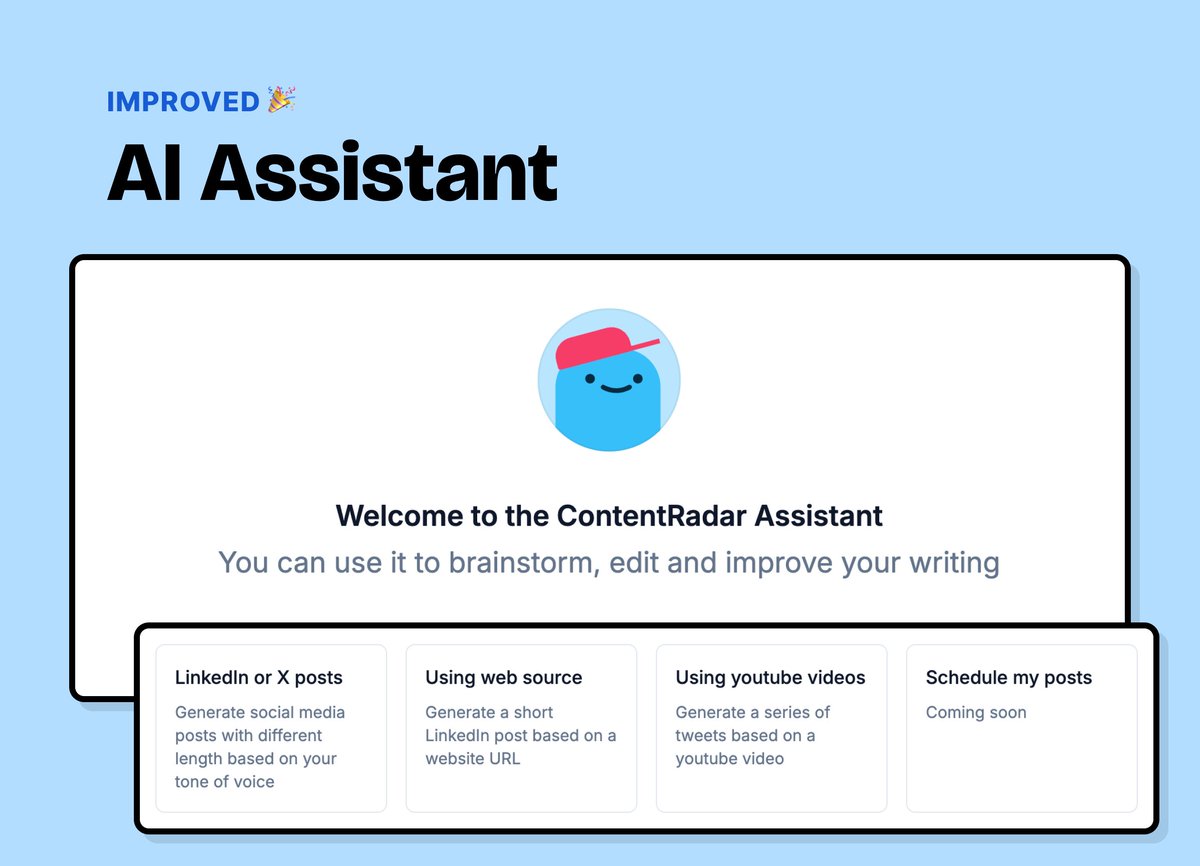 contentradar_ai's tweet photo. 🚨 New Feature Alert ✨ — ContentRadar’s AI Assistant just got smarter! We've redesigned it with a real AI agent to enhance your writing. 

- Generate post drafts in seconds.
- Effortlessly repurpose content across LinkedIn and X. https://t.co/sF1vEEBIb9