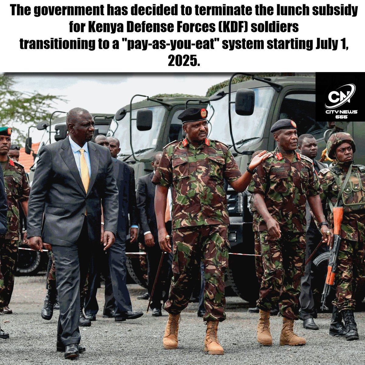 Tweetsbyblair's tweet photo. The government has decided to terminate the lunch subsidy for Kenya Defense Forces (KDF) soldiers
transitioning to a "pay-as-you-eat" system starting July 1, 2025.
#hellenobiri #thikaroad https://t.co/QSizLQjQRH