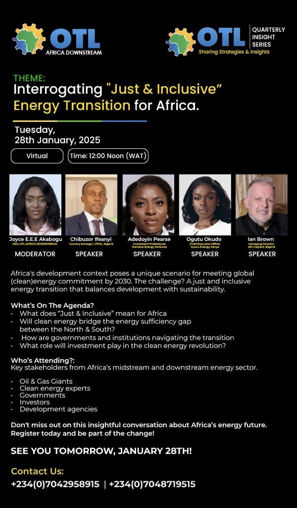 Join MEMAN at the OTL Africa Downstream webinar tomorrow, January 28th, 2025, to mark the #InternationalDayofCleanEnergy.

Themed “Interrogating Just &amp; Inclusive Energy Transition for Africa,”