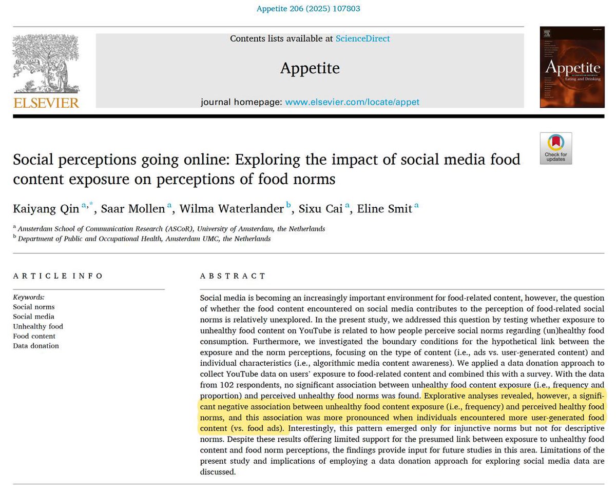 YouTube'da gösterilen sağlıksız yiyecek içeriklerine sık maruz kalmak, sağlıklı beslenmeye dair algıları zayıflatabiliyor. 

Kullanıcı içerikleri,  sağlıklı beslenme normlarını olumsuz etkilerken, reklamlar bu etkiyi sağlamıyor. 

#diet #nutrition #diyet #beslenme