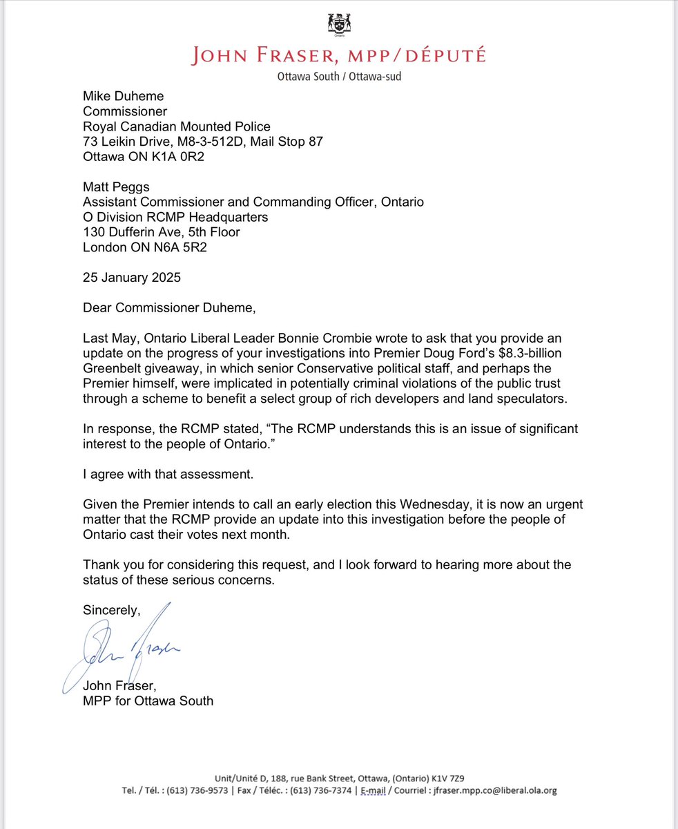In Doug Ford’s $8.3B Greenbelt Scandal all roads lead to the Premier’s Office.

I have written the Commissioner of the RCMP asking for an update on the ongoing investigation. 

Ontarians deserve to know before they go to the polls.

My letter.