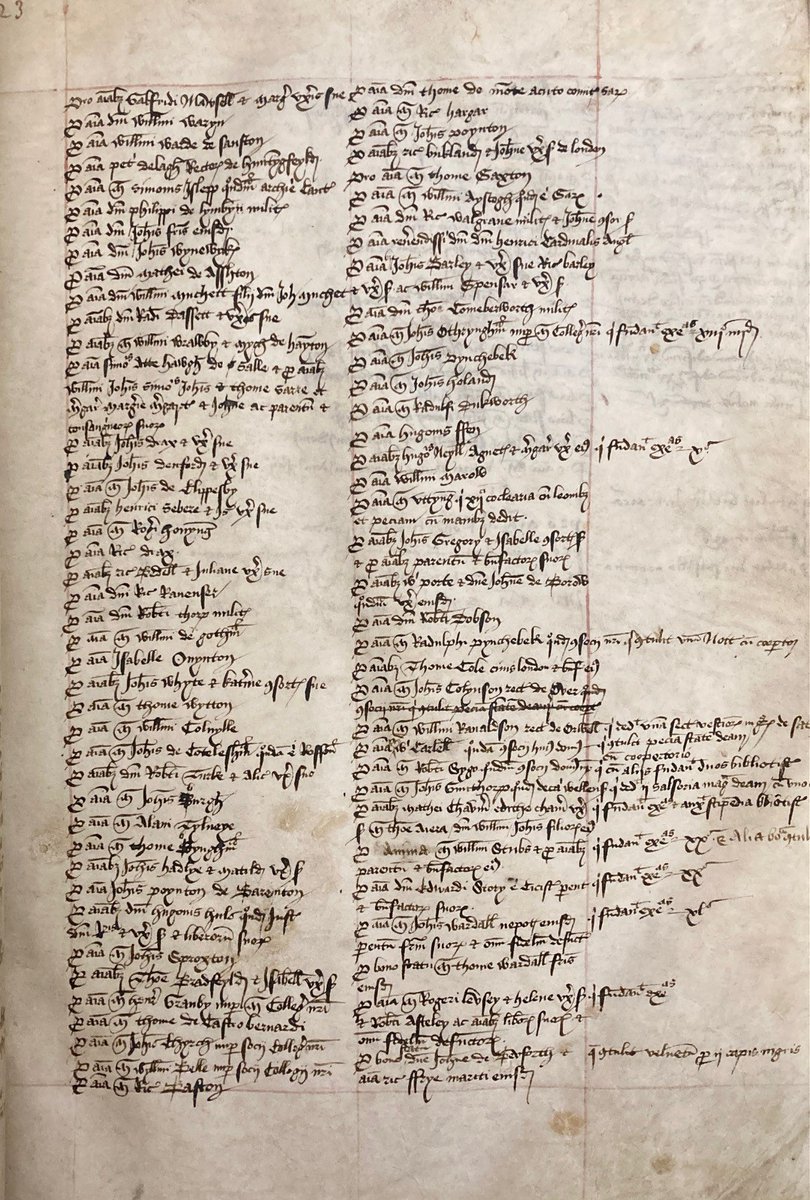 TrinCollLibCam's tweet image. For #MichaelhouseMonday, we are sharing a page of the Otryngham Book, a compilation of deeds and other papers, begun by John de Otryngham, a 15th-century master of Michaelhouse. This page contains part of the long list of benefactors whose souls Fellows were required to pray for.