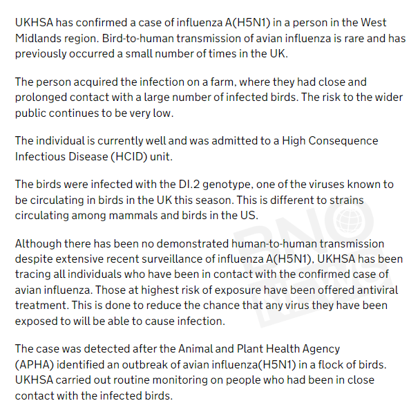 JUST IN: UK reports human case of H5N1 bird flu, at a farm in West Midlands